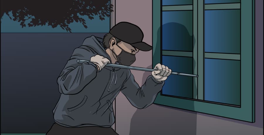 Illustration of burglar forcing entry through a window in Jacksonville